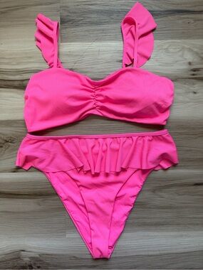 Pink Lily Neon Pink Ribbed Ruffle Bikini Set Size XL
